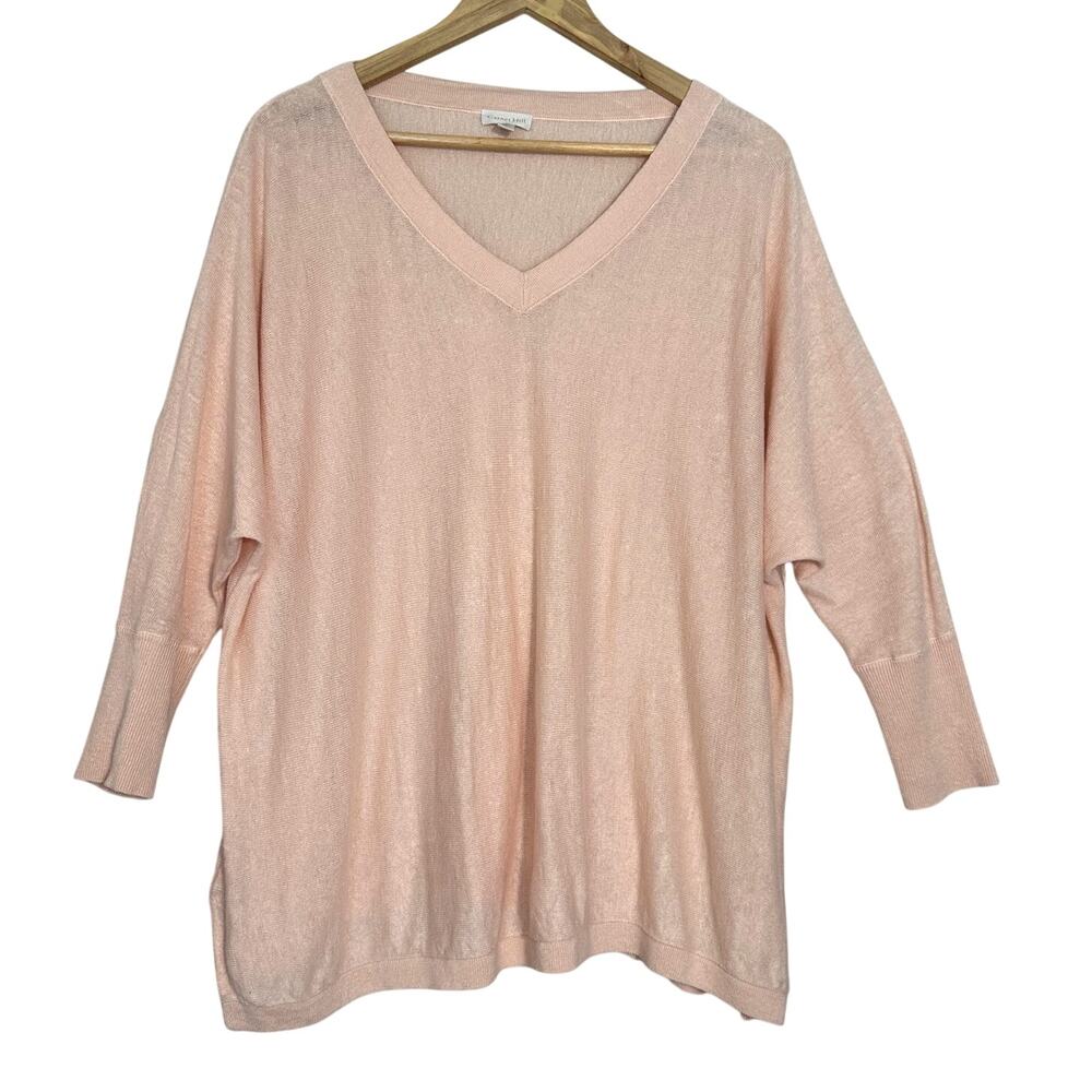 Garnet Hill Peach Linen Boxy V Neck Sweater Dolman Sleeves Coastal Lightweight M